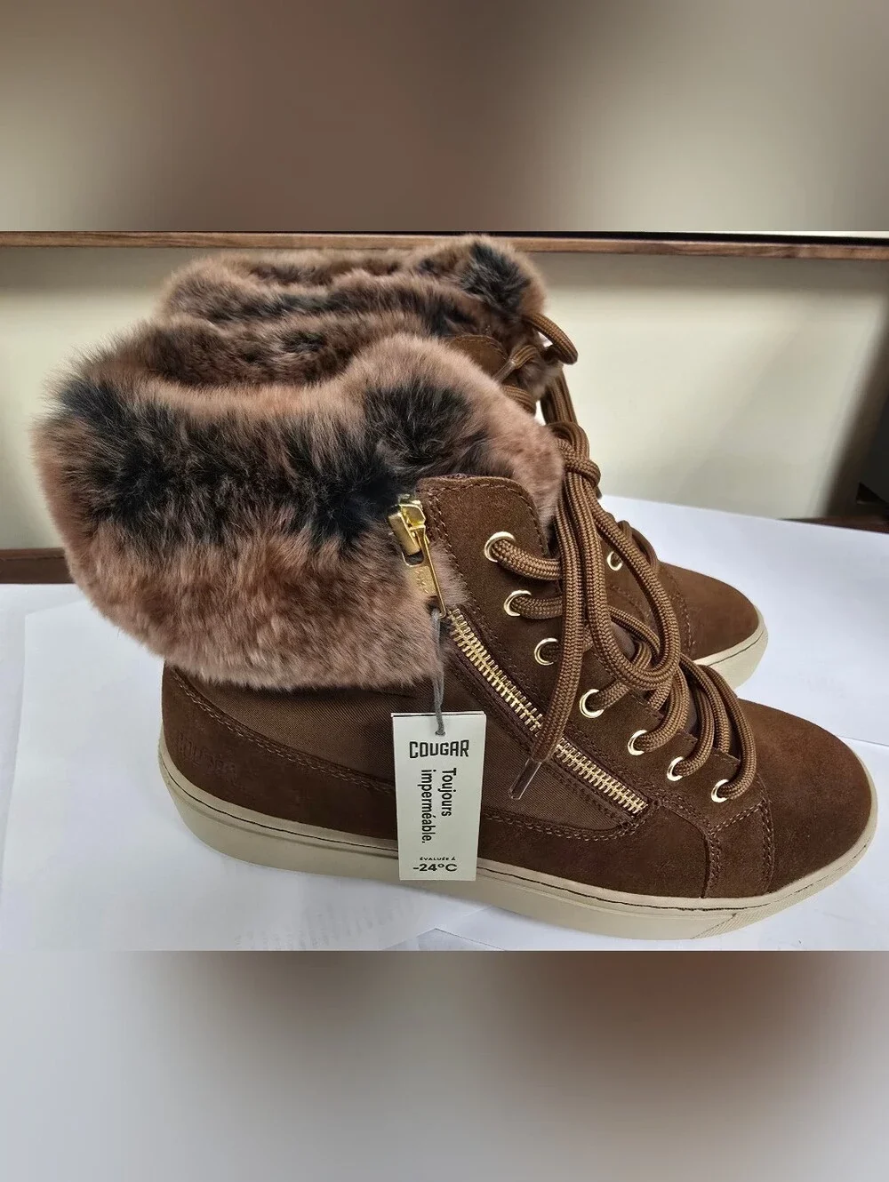 Cougar Danica Brown Suede Real Rabbit Fur Waterproof Winter Sneaker Boots NWT